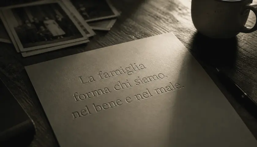 Vecchie foto di famiglia, una tazza e una penna su un tavolo. La frase "La famiglia forma chi siamo, nel bene e nel male" evoca ricordi, anche quando i figli ti feriscono.