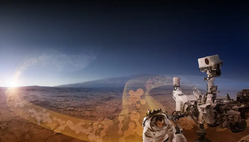 Astronaut bada marsjański krajobraz obok łazika, szukając śladów obce cywilizacje.