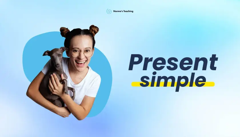 Ragazza sorridente con un levriero. Il testo "Present simple" appare in grande.