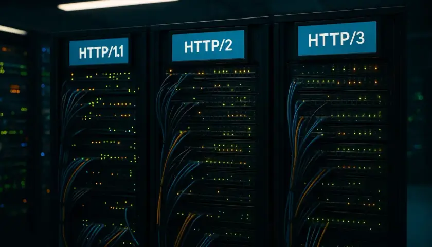 Server-Racks mit Beschriftungen HTTP/1.1, HTTP/2 und HTTP/3. Ein Blick auf die Entwicklung der Web-Protokolle im Rahmen eines HTTP3 Tests.