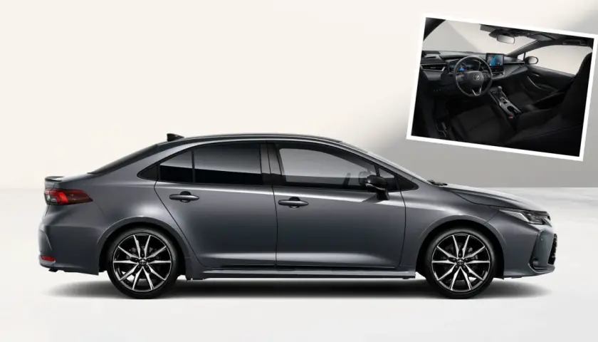 Szary sedan Toyota Corolla z widokiem wnętrza. Elegancki design i nowoczesne technologie.