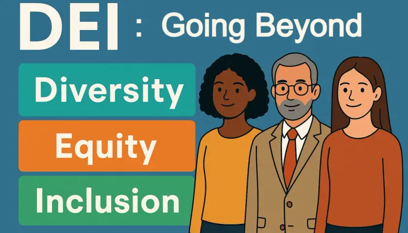 Illustration of three people representing diversity, equity, and inclusion, with text "DEI: Going Beyond".