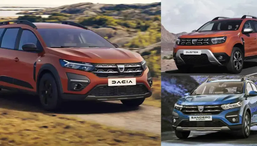 Pomarańczowy Dacia Duster na drodze, obok pomarańczowy Duster i niebieski Sandero Stepway. Dacia Duster prześwit pozwala na jazdę w trudnym terenie.