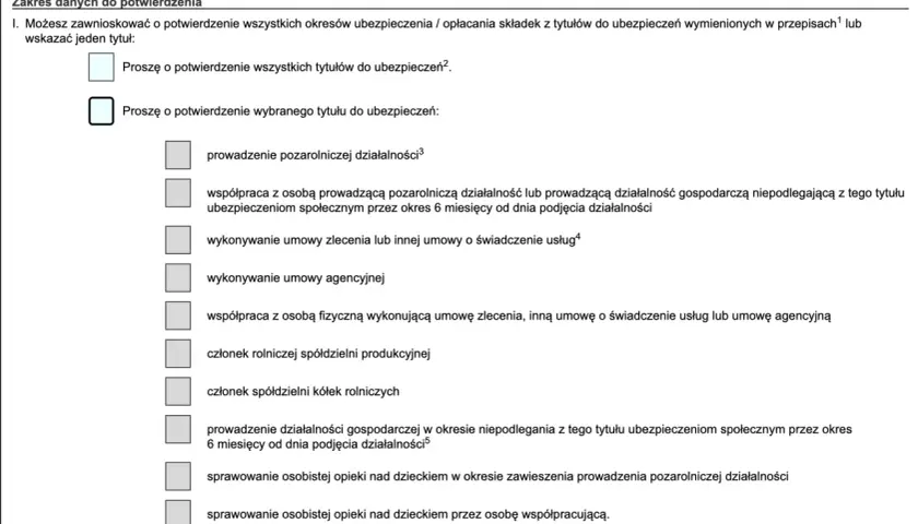 Formularz wniosku o potwierdzenie tytułów do ubezpieczeń, w tym umowa zlecenie.