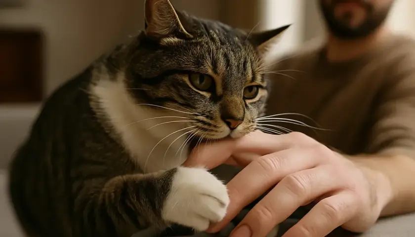 Gato atigrado muerde suavemente la mano de un hombre. Quizás se pregunta porque mi gato me muerde.