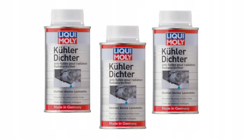 Trzy puszki uszczelniacza do chłodnic Liqui Moly, które skutecznie uszczelniają drobne wycieki w układzie chłodzenia.