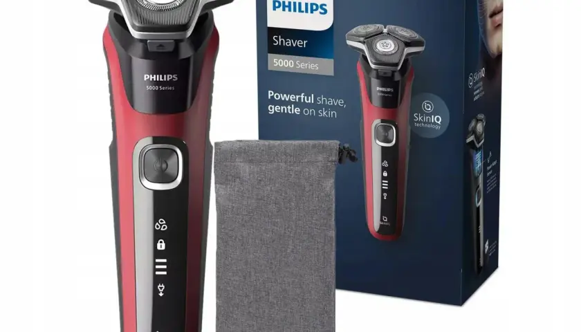 Czerwono-czarna golarka Philips 5000 Series z etui i pudełkiem.