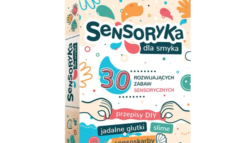 Opakowanie gry "Sensoryka dla smyka" z hasłami "30 rozwijających zabaw sensorycznych", "przepisy DIY", "jadalne glutki", "slime", "sensoskarby".