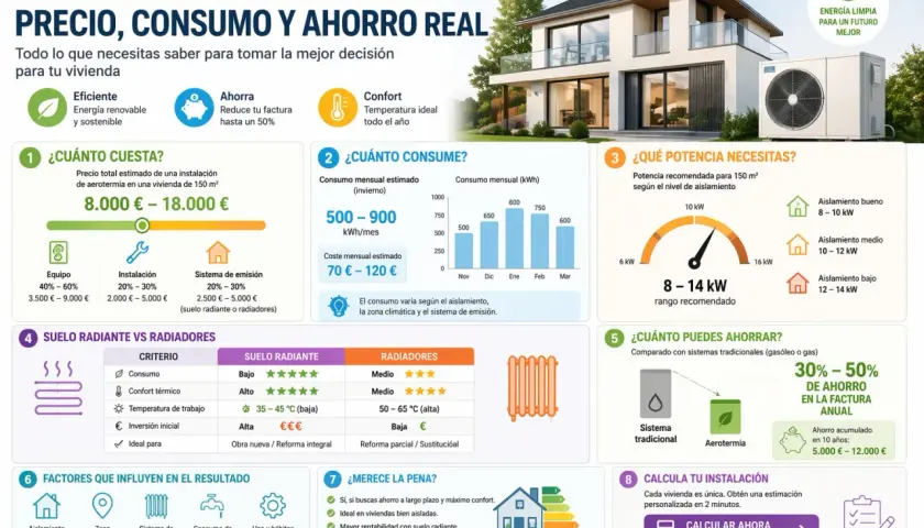 Infografía sobre aerotermia para 150 m², comparando costes, consumo y ahorro. Destaca el suelo radiante como opción eficiente.