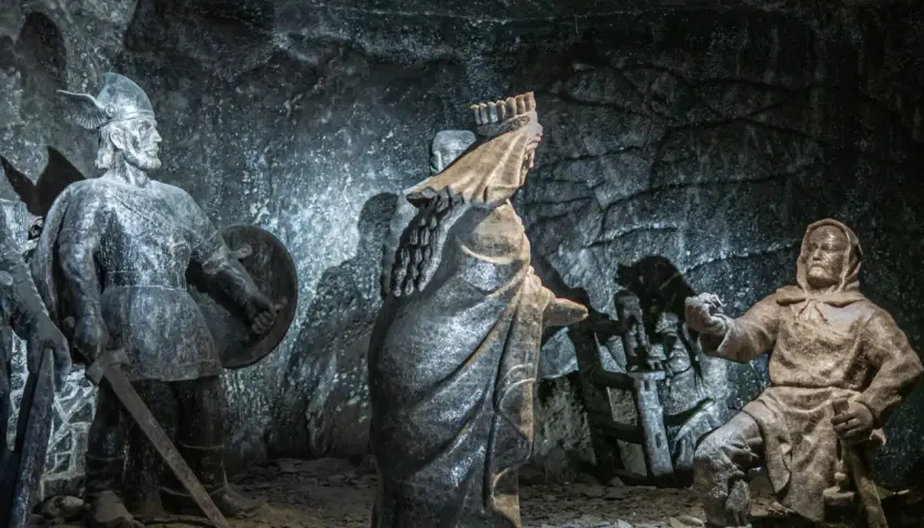 Solne rzeźby w kopalni Wieliczka. Zwiedzanie Wieliczki to podróż w czasie, która trwa ok. 3 godzin.