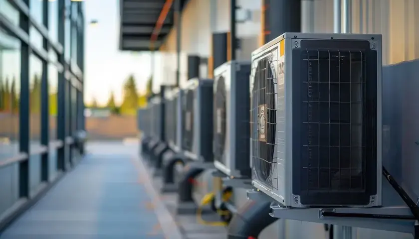 Rząd klimatyzatorów zewnętrznych, gotowych do chłodzenia budynku. Te urządzenia pracują na specjalnych gazach, zapewniając komfortowe warunki.