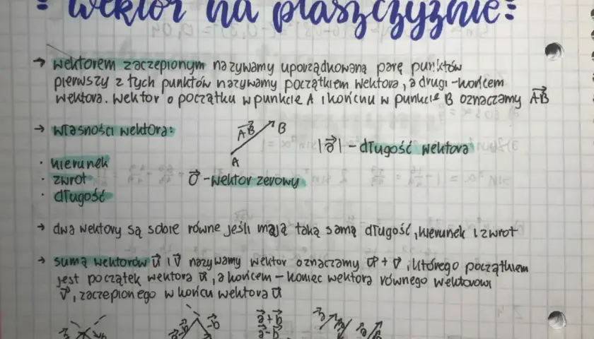 Notatki z algebry liniowej: definicja wektora zaczepionego, jego własności (kierunek, zwrot, długość), warunki równości wektorów i ich suma.