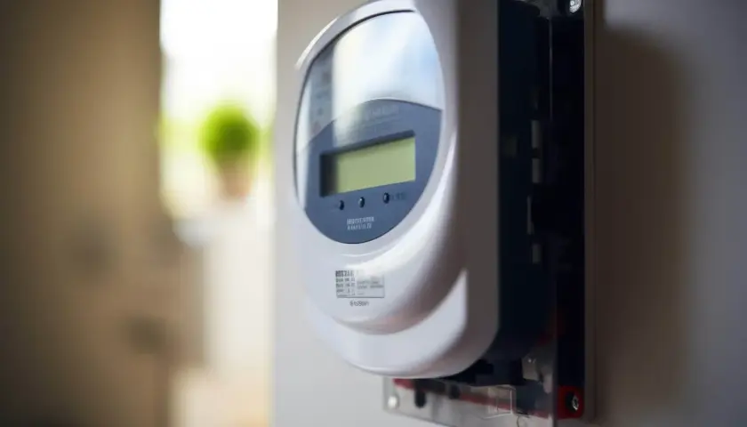 Un medidor inteligente, también conocido como smart meter, instalado en una pared.