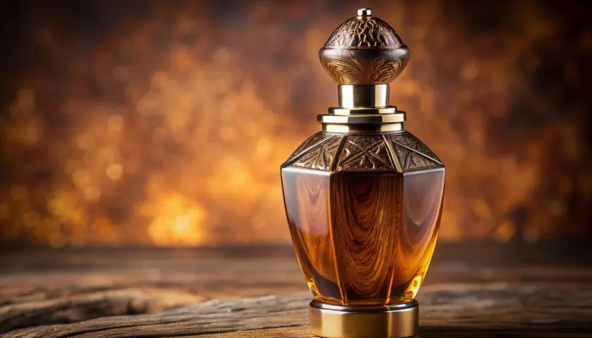 Elegancka buteleczka perfum o bursztynowym kolorze, inspirowana zapachem drzewa agarowego, stoi na drewnianym blacie.