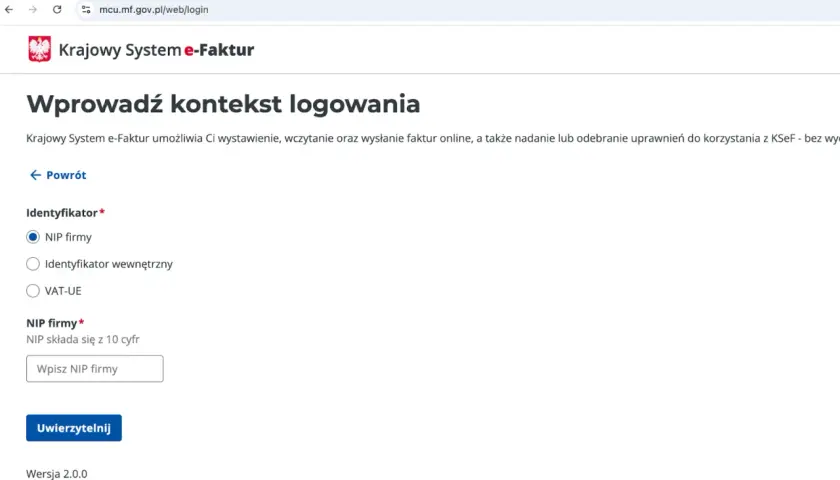 Ekran logowania do Krajowego Systemu e-Faktur. Użytkownik wybiera identyfikator firmy, np. NIP, do samofakturowania.