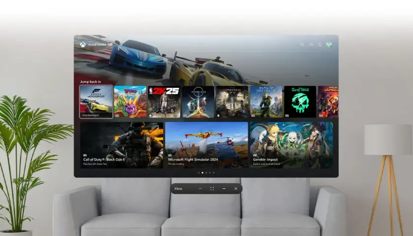 Ekran konsoli Xbox z grami: Forza Motorsport, Spyro, 2K25, Starfield, Halo Infinite, Call of Duty, Microsoft Flight Simulator, Genshin Impact.