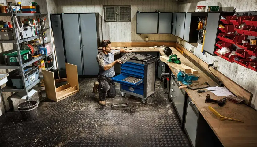 Mann richtet seine Werkstatt ein, sortiert Werkzeuge in einen blauen Werkzeugwagen. Alles ist bereit für das nächste Projekt.