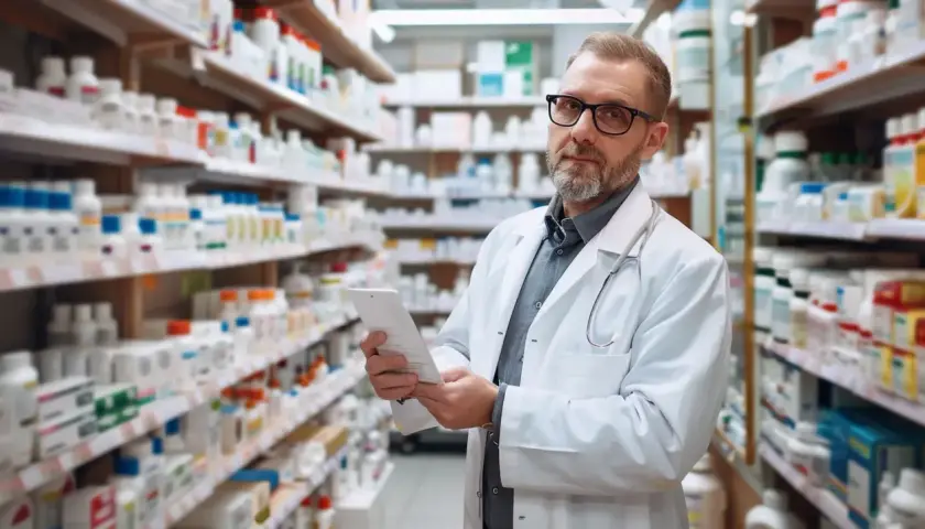 Farmaceuta w okularach przegląda dokumentację, szukając rozwiązań dla problemów z atopowym zapaleniem skóry.