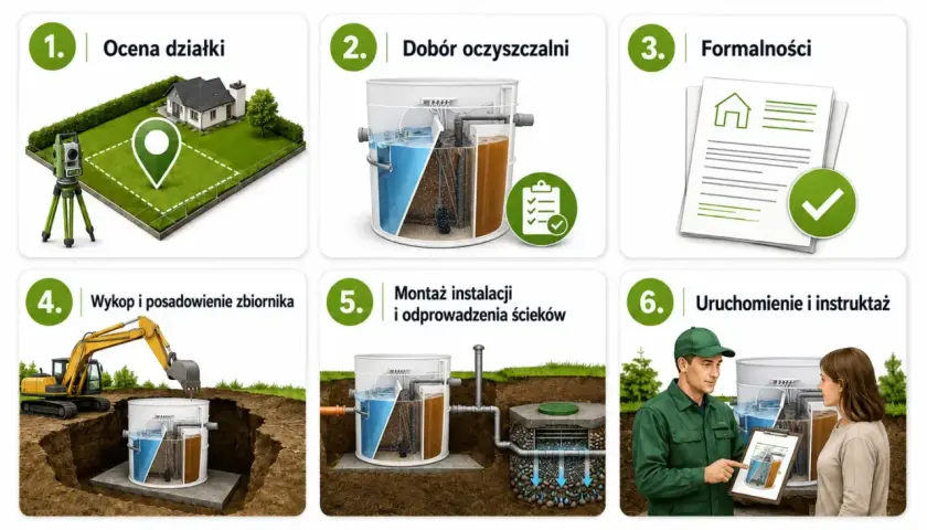 Schemat przedstawia etapy budowy przydomowej oczyszczalni ścieków: od oceny działki, przez dobór urządzenia, formalności, wykop, montaż, po uruchomienie i instruktaż.