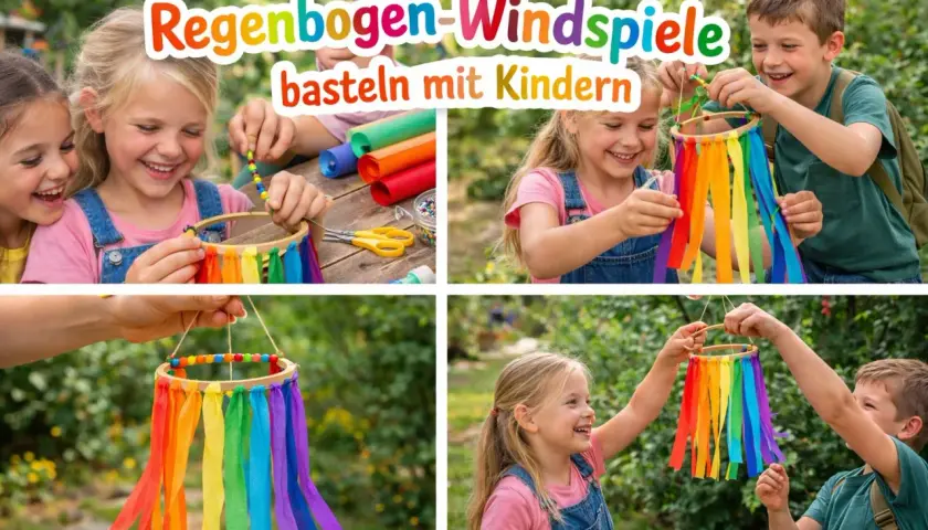 Kinder basteln bunte Regenbogen-Windspiele mit Stoffbändern und Perlen. Ein fröhliches DIY-Projekt für draußen.