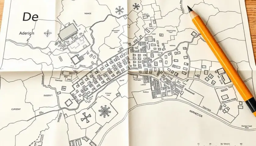 Składana mapa zasadnicza z zaznaczonymi budynkami, drogami i rzeką. Obok leży żółty ołówek, gotowy do naniesienia kolejnych szczegółów.