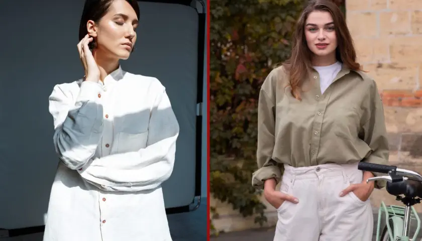Dwie kobiety prezentują koszule oversize. Jedna w białej, druga w oliwkowej, obie w luźnych stylizacjach.