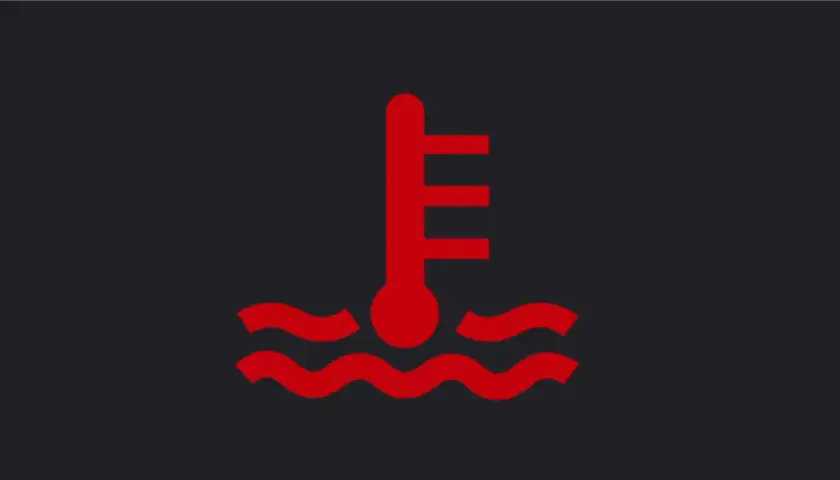 Icono de termómetro rojo sobre olas, indicando nivel refrigerante bajo.