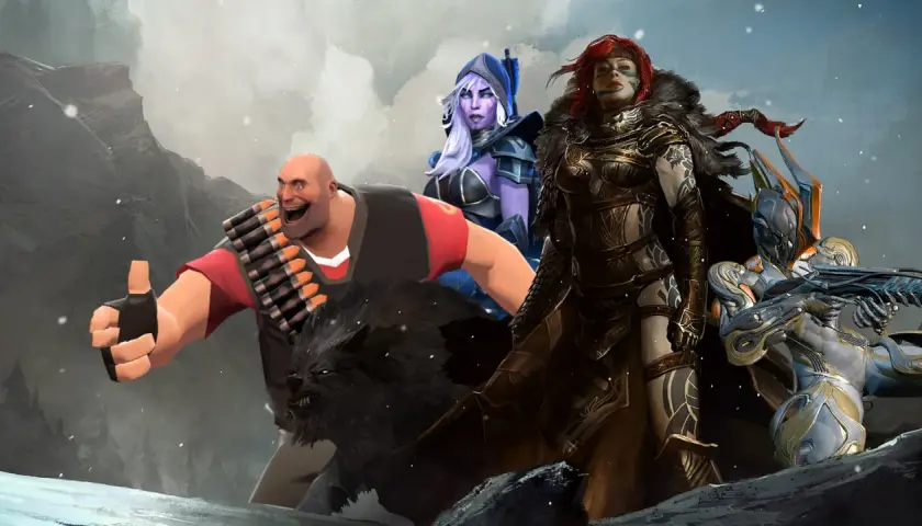 Postacie z gier, w tym Heavy z TF2, sugerują fajne gry na Steam za darmo.