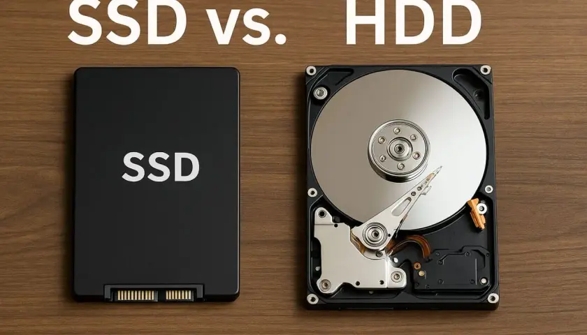 Vergleich von SSD und HDD: zwei wichtige Speichermedien. Die SSD ist kompakt, die HDD zeigt ihre mechanischen Teile.