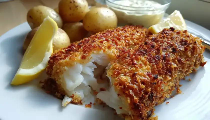 Krispigt panerad fisk med kokt potatis, citronklyftor och en krämig sås. En klassisk och god måltid.