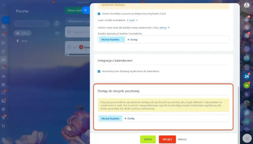 Ustawienia poczty: przekierowanie wiadomości e-mail, integracja z kalendarzem i dostęp do skrzynki pocztowej dla Michała Radełko.