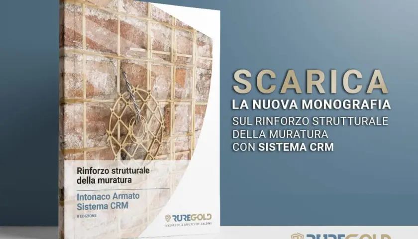 Monografia "Intonaco Armato Sistema CRM" illustra il rinforzo strutturale di murature con dettagli tecnici e immagini esplicative.