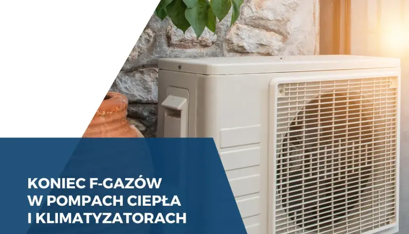 Koniec F-gazów w pompach ciepła i klimatyzatorach. Czy pompy ciepła będą zakazane? Zewnętrzna jednostka klimatyzatora na tle kamiennej ściany.