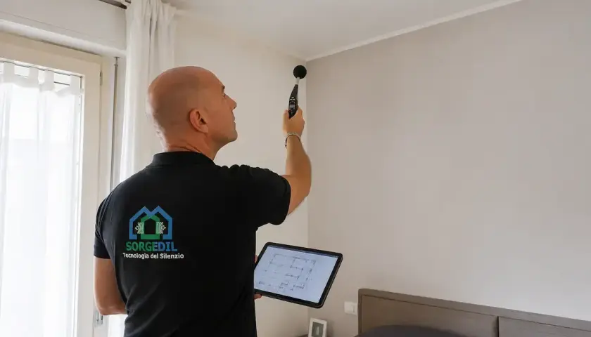 Tecnico con fonometro e tablet esegue una misurazione per la correzione acustica in una stanza da letto.