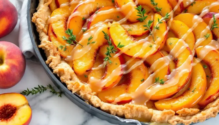 Une délicieuse tarte aux pêches, garnie de tranches de pêches juteuses, d'un glaçage crémeux et de quelques brins de thym frais.