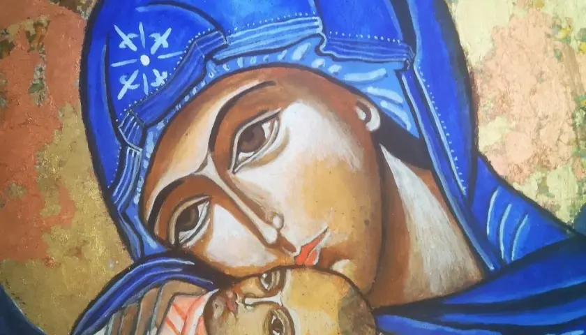 Ikona Matki Boskiej z Dzieciątkiem Jezus, w niebieskim welonie, na złotym tle.
