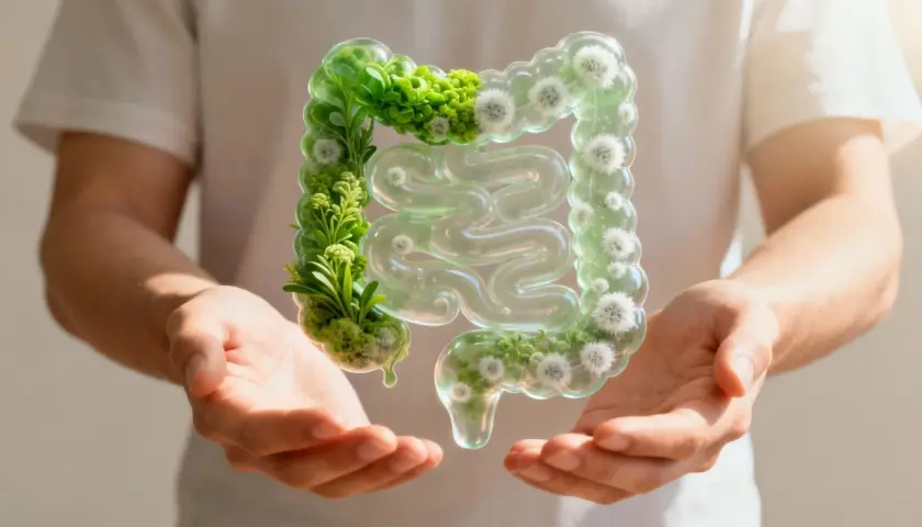 Mani che sorreggono un intestino stilizzato, verde e rigoglioso, simbolo di salute e benessere, suggerendo una **candida intestinale cura definitiva**.