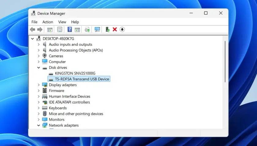 Geräte-Manager zeigt "TS-RDF5A Transcend USB Device" unter "Datenträger". Hier kann man den sd karten treiber aktualisieren.
