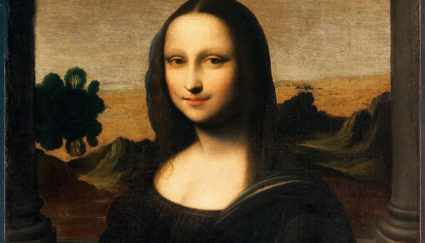 Das berühmte Mona Lisa Bild Original von Leonardo da Vinci zeigt eine Frau mit geheimnisvollem Lächeln vor einer Landschaft.