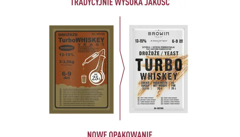 Dwie paczki drożdży Turbo Whiskey, jedna brązowa, druga biała, z informacjami o fermentacji.