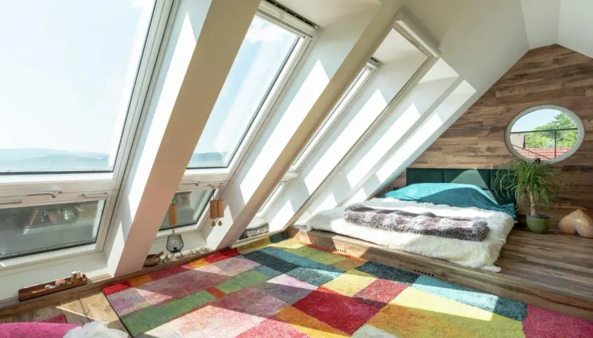 Un letto accogliente in una soffitta luminosa, con un tappeto colorato che dona un significato di gioia e calore.