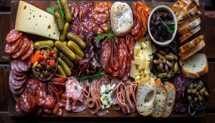 Plateau garni de charcuteries variées, fromages, cornichons, olives et pains grillés. Idéal pour savoir quoi manger avec de la charcuterie.