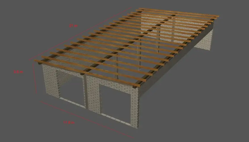Model dachu jednospadowego z widocznymi wymiarami i konstrukcją krokwi.