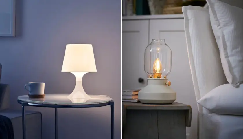 Dos lámparas de mesa blancas iluminan rincones acogedores. Una moderna sobre una mesa de cristal, la otra, de estilo vintage, junto a cojines blancos.
