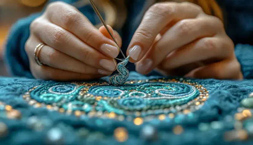 Mains délicates travaillant une broderie complexe. Un projet de broderie prénom facile prend forme avec des fils bleus et dorés.