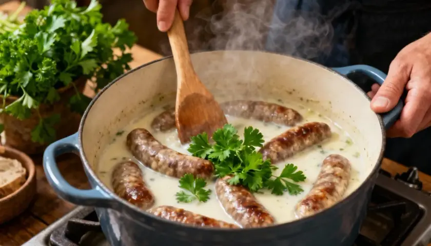 Saucisses dorées mijotant dans une sauce crémeuse au vin blanc, garnies de persil frais. Un délice fumant prêt à être dégusté.