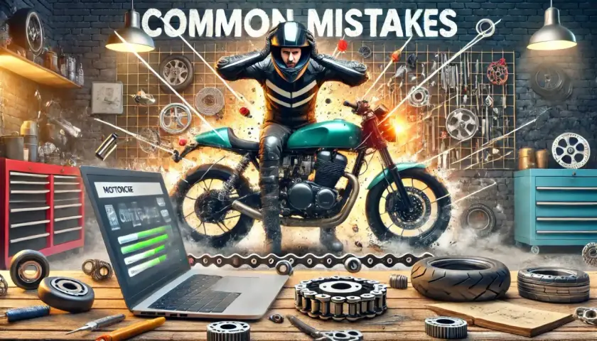 Motociclista in officina, circondato da pezzi di ricambio e attrezzi. Sullo schermo del laptop, un elenco di "Common Mistakes" e un codice OEM.