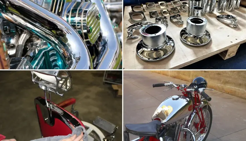 Parti cromate di moto e sedie da barbiere, pronte per lucidare cromature ossidate e farle brillare.