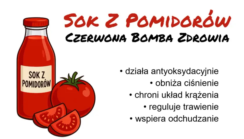 Sok pomidorowy - czerwona bomba zdrowia. Niska zawartość cukru, co wpływa na niski sok pomidorowy indeks glikemiczny. Działa antyoksydacyjnie, obniża ciśnienie.