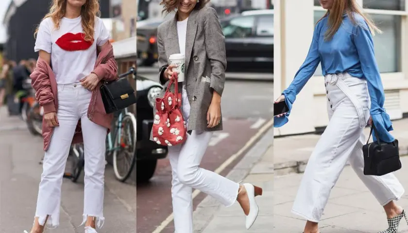Inspiracje: co ubrać do białych spodni. Trzy kobiety prezentują różne stylizacje z białymi spodniami: casual z kurtką i t-shirtem, elegancką z marynarką i torebką, oraz modną z błękitną bluzką i wzorzystymi butami.